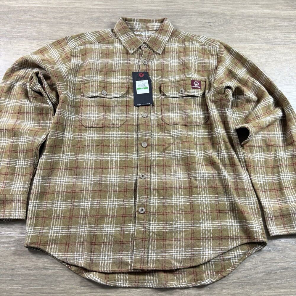 Wolverine Shirt Men Large Plaid Glacier Flannel Rugged Brown Cotton